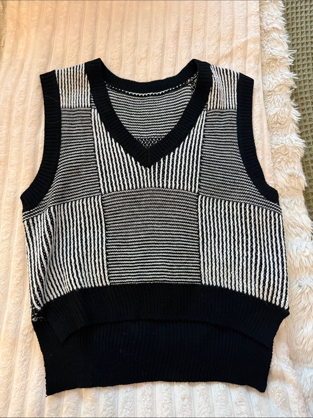 Black & White Striped Knit V-Neck Sweater Vest